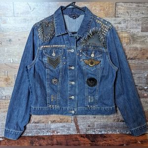 Upcycled Handcrafted Ton Of Detailed Bling Jean Jacket With Black Skull